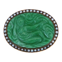 Art Nouveau Carved Jade Brooch Natural Pearls, 1900