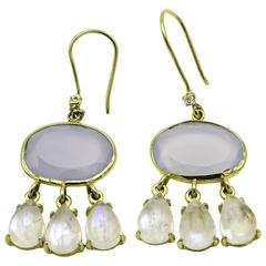 Oval Faceted Chalcedony and Pear Moonstone Gold Danlge Earrings with Diamonds 3