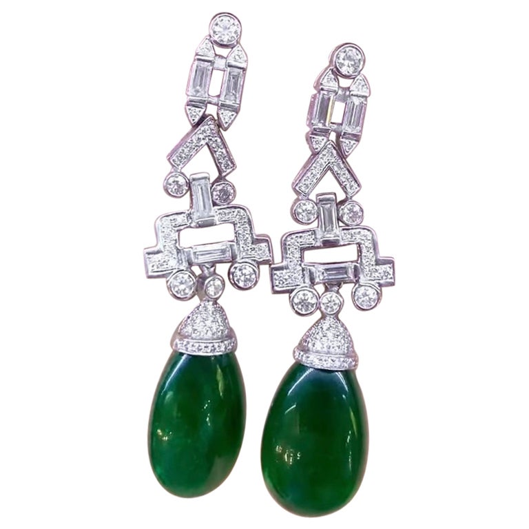 AIG Certified 50.00 Carat Zambian Emeralds Diamonds 18K Gold Earrings