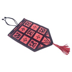 Antique 1920 Art Deco Hand Bag Pouch Printed Suede Black Ornaments Red Leather