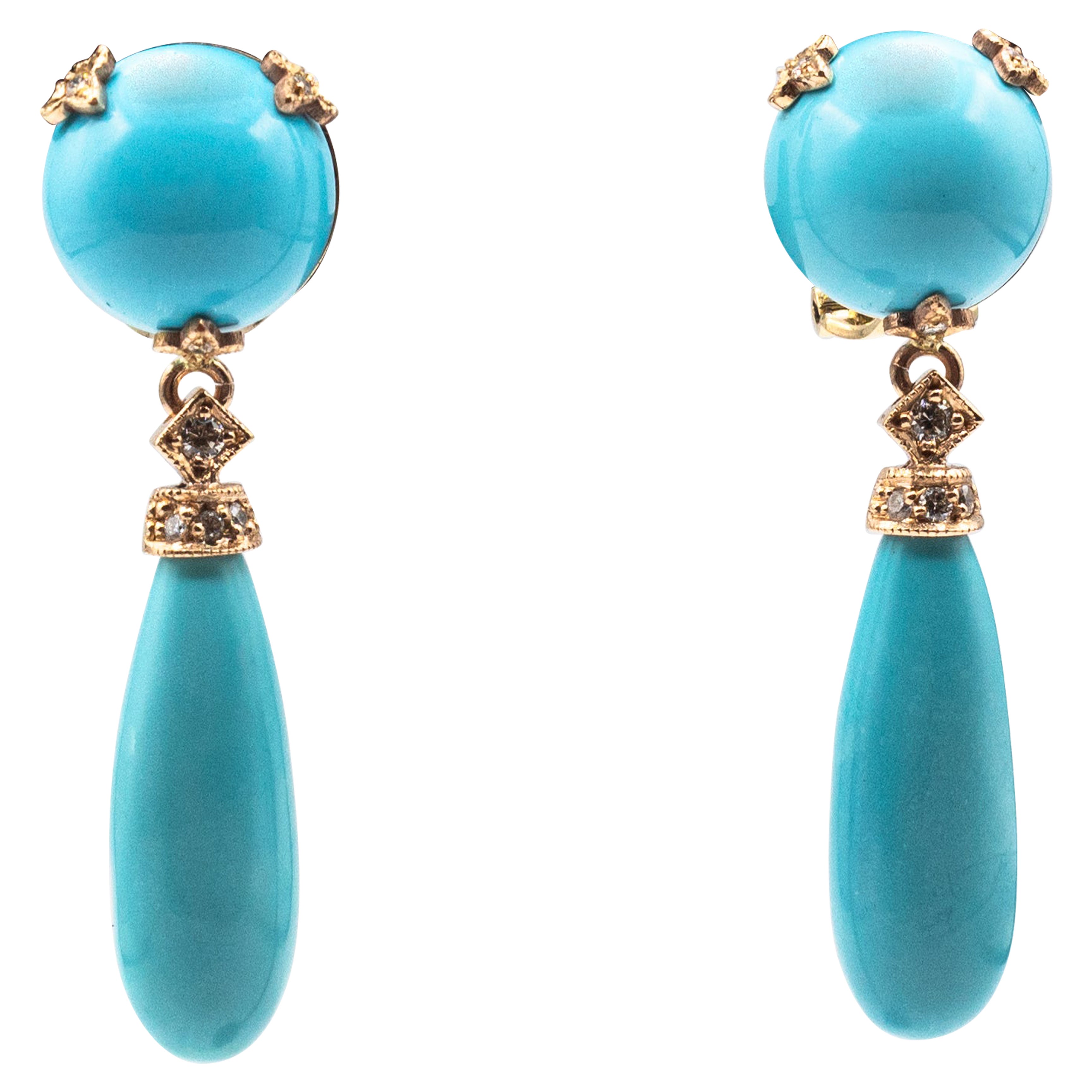Art Deco Style White Diamond Natural Turquoise Yellow Gold Drop Earrings