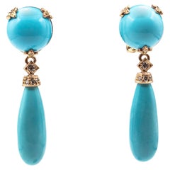 Boucles d'oreilles pendantes de style Art déco en or jaune avec diamant blanc et turquoise naturelle