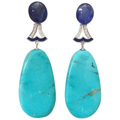 Art Deco Style Turquoise Blue Sapphire Gold Diamond Enamel Flat Drop Earrings