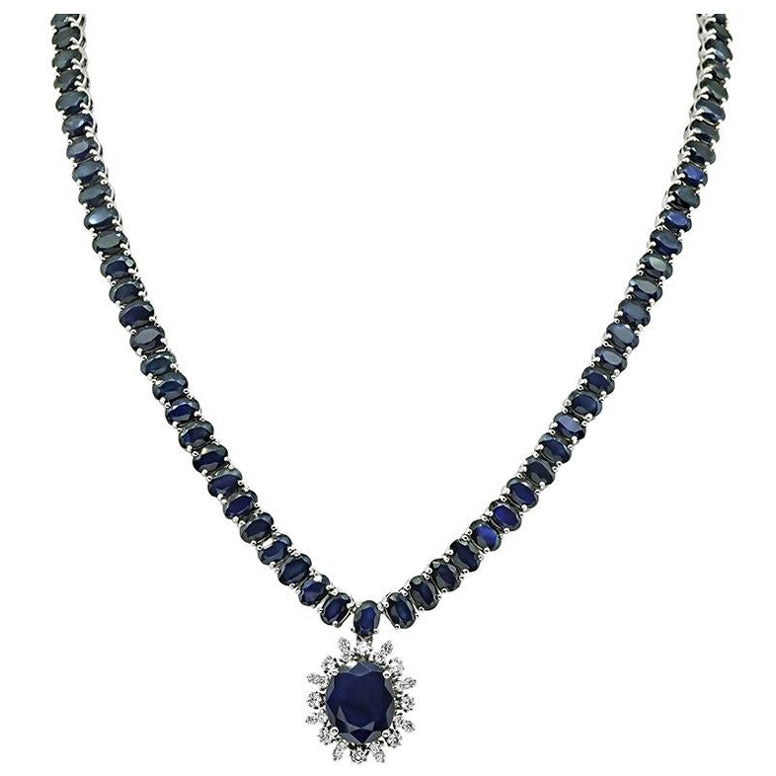 77.00ct Sapphire 0.65ct Diamond Pendant Necklace For Sale