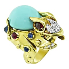 Hammerman Brothers, bague grenouille avec rubis 1,50 carat, saphir 1,25 carat et turquoise