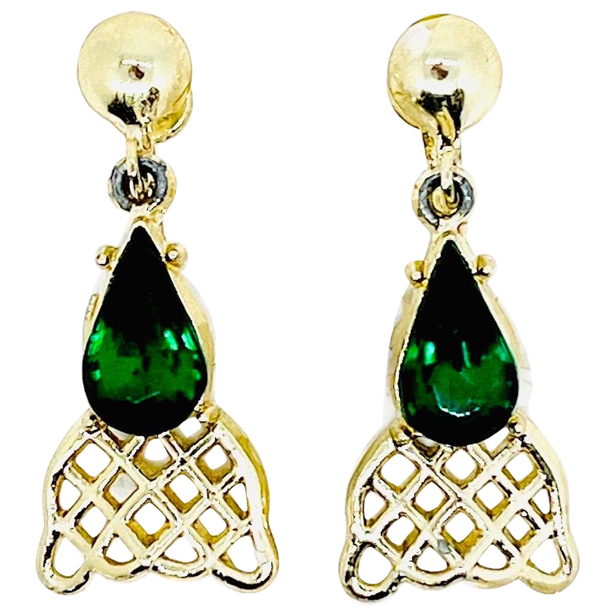 Art Deco Faux Emerald Green Teardrop, Geometric, Screwback Dangle Earrings