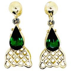 Art Deco Faux Emerald Green Teardrop, Geometric, Screwback Dangle Earrings