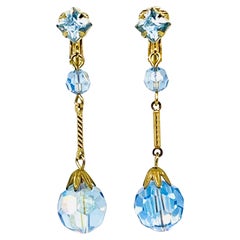 Boucles d'oreilles Flapper Art déco, verre AB à facettes bleu ciel, strass géométriques