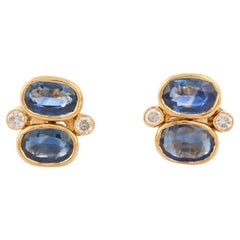 Boucles d'oreilles en or jaune 18 carats avec diamant et saphir bleu à deux pierres naturelles