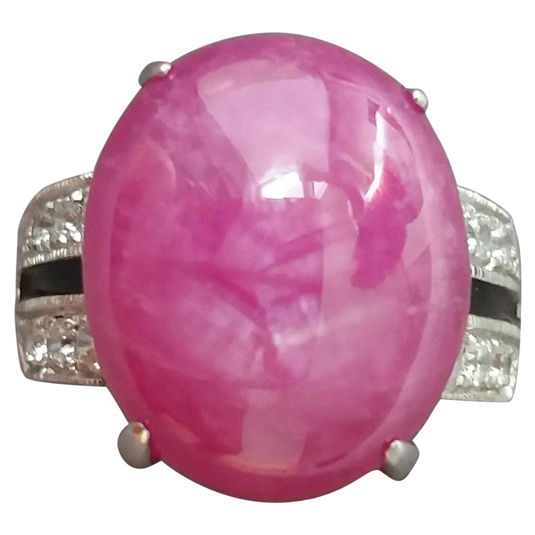 Art Deco Style Natural Ruby Oval Cab Gold Diamonds Black Enamel Cocktail Ring