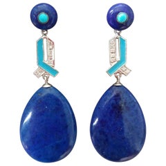 Art Deco Stil Lapislazuli Gold Türkis Diamanten Blau Emaille Tropfenohrringe im Art déco-Stil
