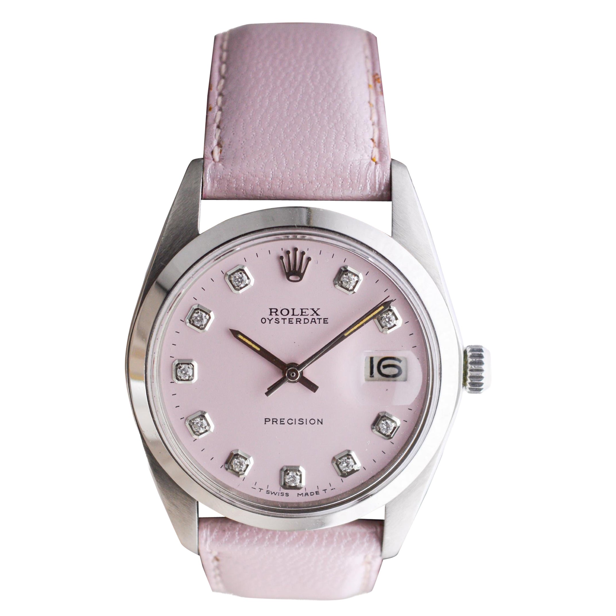 Rolex Edelstahl Oysterdate mit maßgefertigtem rosa Zifferblatt 1970er Jahre