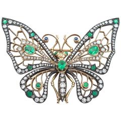 Vintage Splendid Emerald Diamond Butterfly Brooch