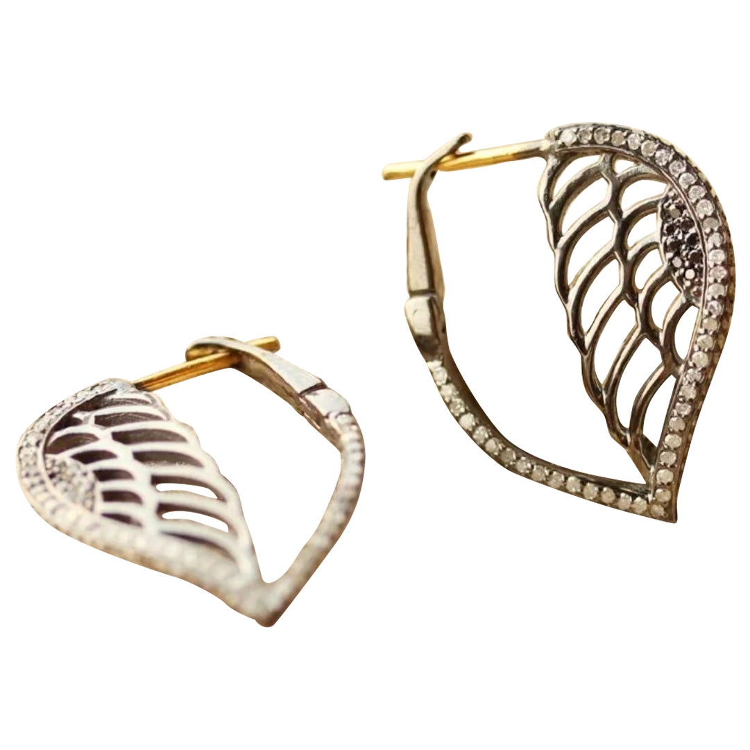 Angel Wing Solid 14k Gold&925 Silver Dangle Earring Pave Diamond Fashion Earring For Sale