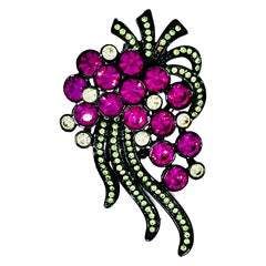 Floral Motif Fuchia Pink Crystal Rhinestone Brooch Sinuous Vines, Missing Stone