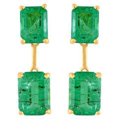 4.70 Carat Octagon Zambian Emerald Dangle Earrings 14 Karat Yellow Gold Jewelry