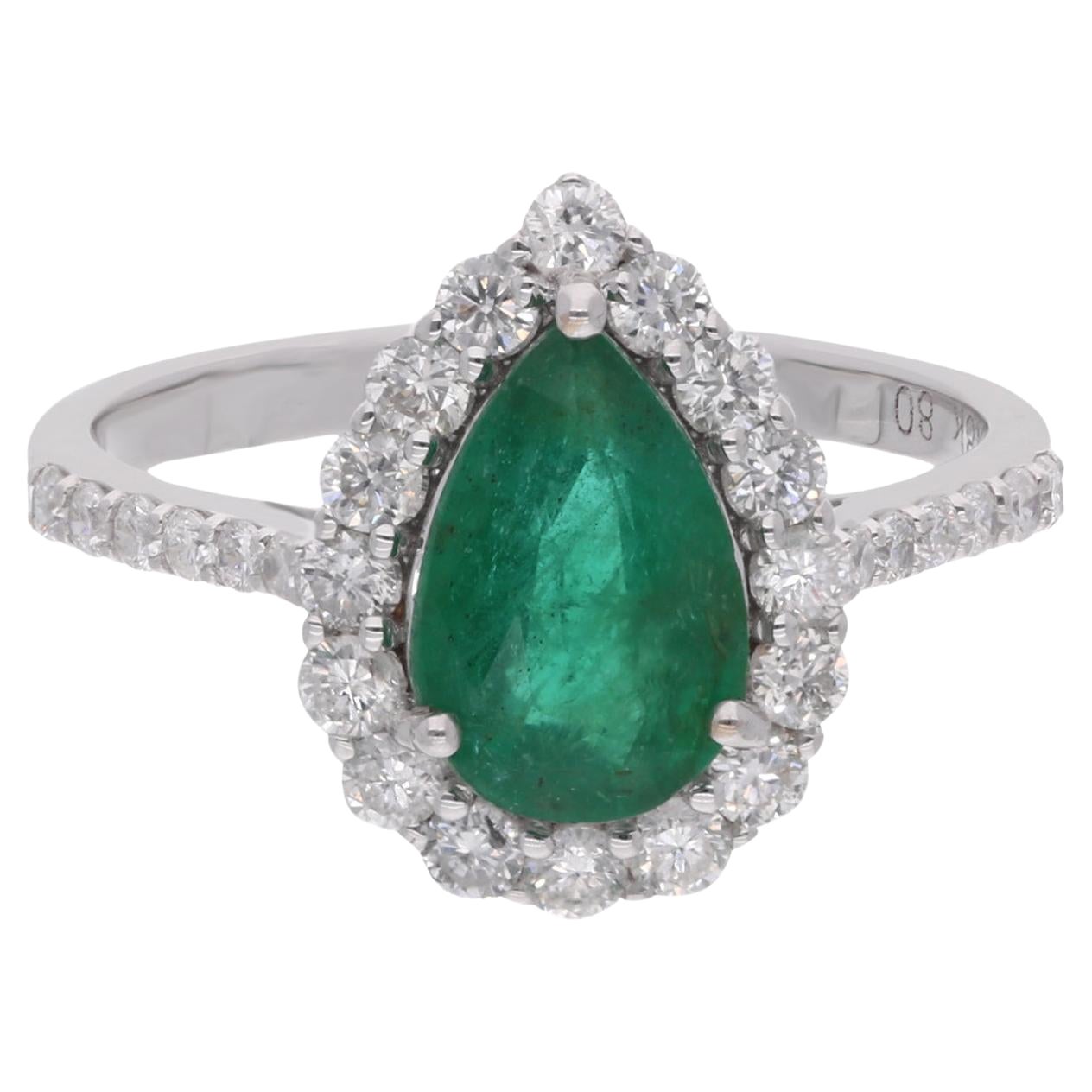 Natural Pear Zambian Emerald Gemstone Cocktail Ring Diamond 14 Karat White Gold