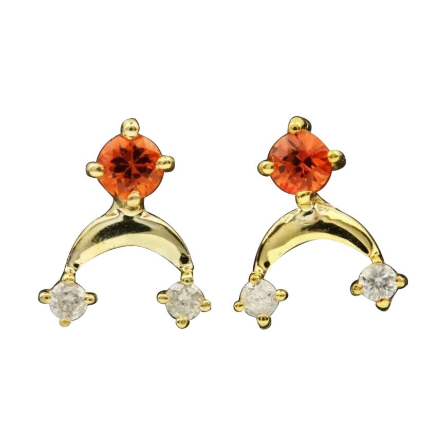 Diamond Moon Earring 14k Gold Spessartite Garnet Minimalist Stud Earring Gift.