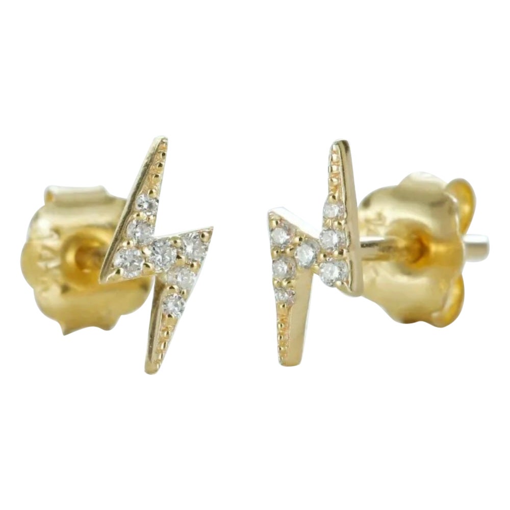 Diamond Lightning Bolt Earring Solid 14k Gold Zigzag Thunder Ear Studs Jewelry.