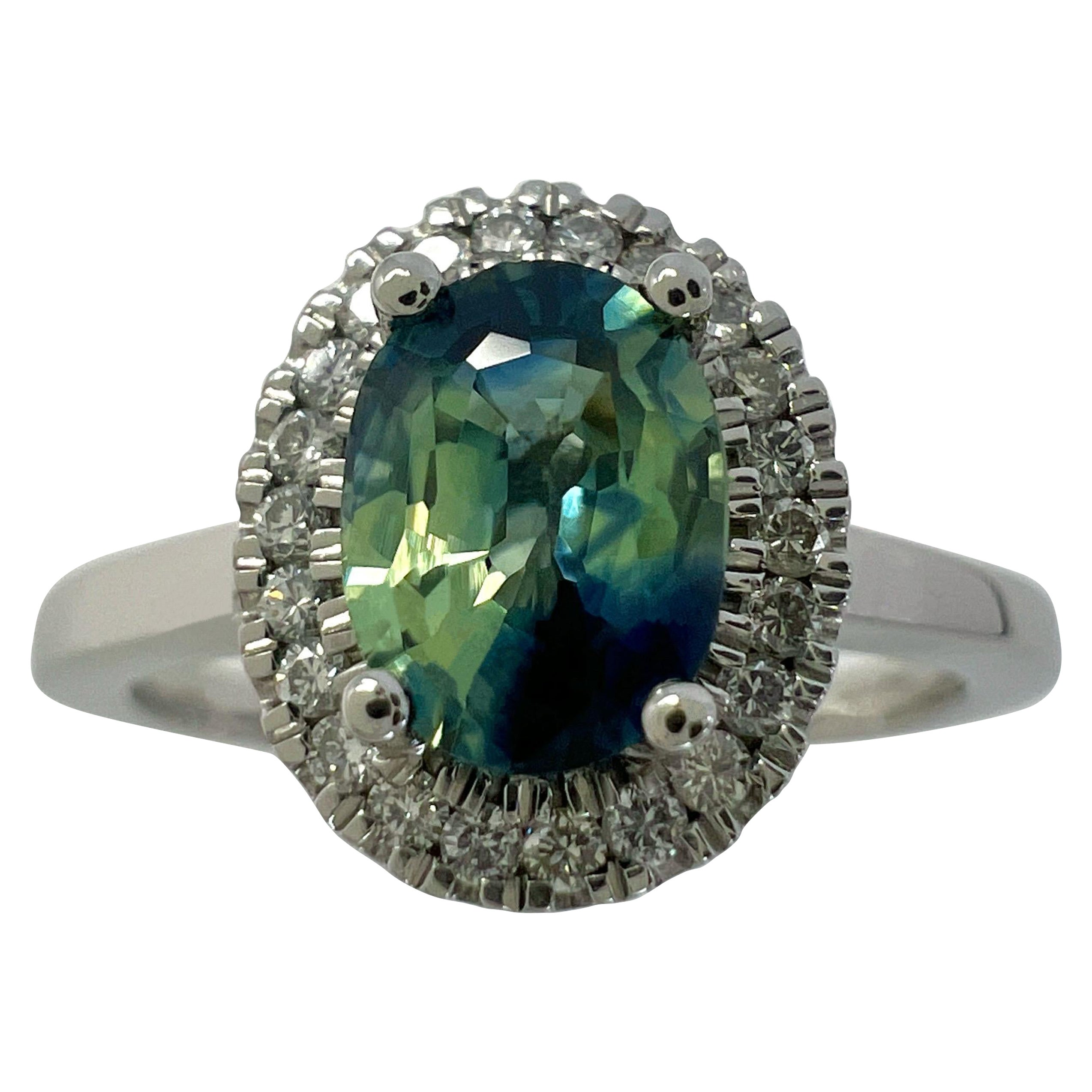 1.22ct Parti Bi Colour Oval Cut Blue Green Sapphire & Diamond Platinum Halo Ring