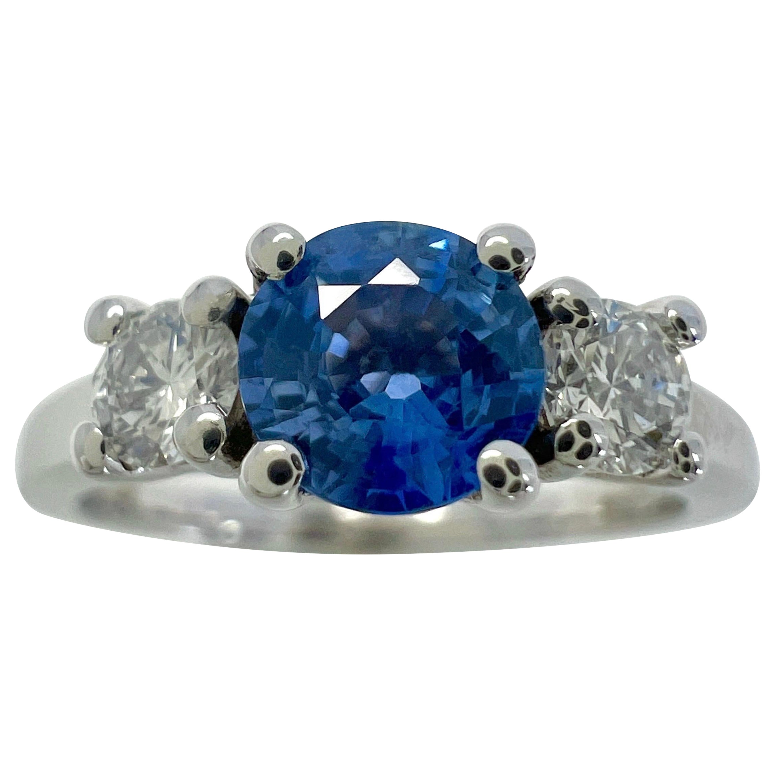 Natural Vivid Blue Round Ceylon Sapphire & Diamond White Gold Three Stone Ring For Sale