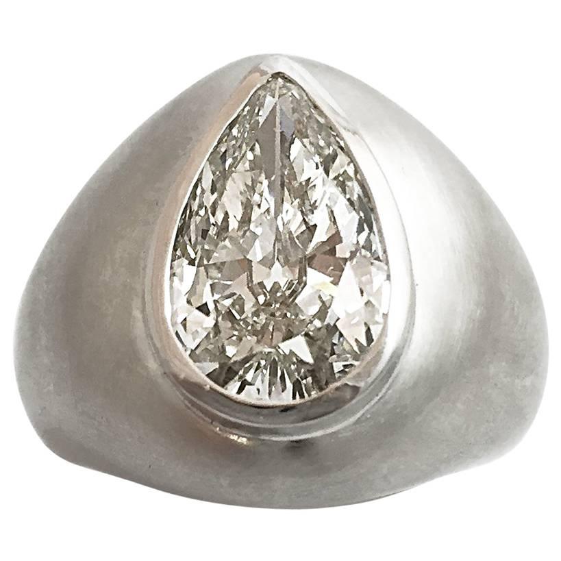 3.78 carat pear shaped diamond satin-finish white gold ring