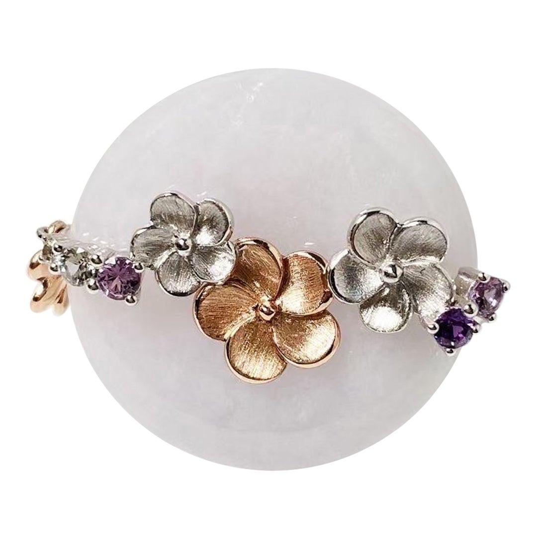 Natural Myanmar Lavender Tint White Donut Jade Floral Ring in 14K Bicolor Gold For Sale
