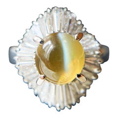 Natural Honey Color Chrysoberyl Cat's Eye Ring with Diamonds in Platinum