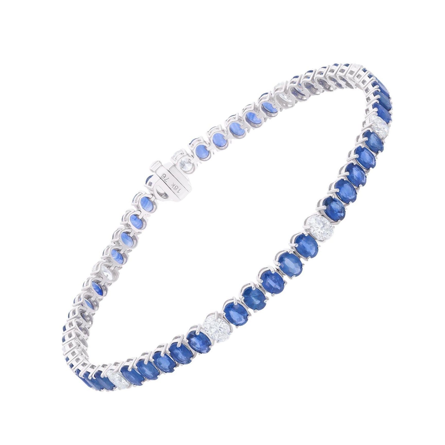 Real Oval Blue Sapphire & Diamond Bracelet 14 Karat White Gold Handmade Jewelry