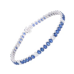 Real Oval Blue Sapphire & Diamond Bracelet 14 Karat White Gold Handmade Jewelry