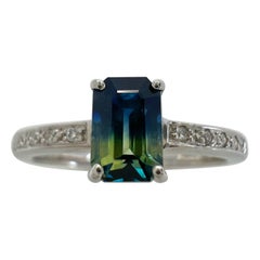 Zafiro Bicolor Certificado Sin Tratar Azul Amarillo Corte Esmeralda Anillo Oro Blanco