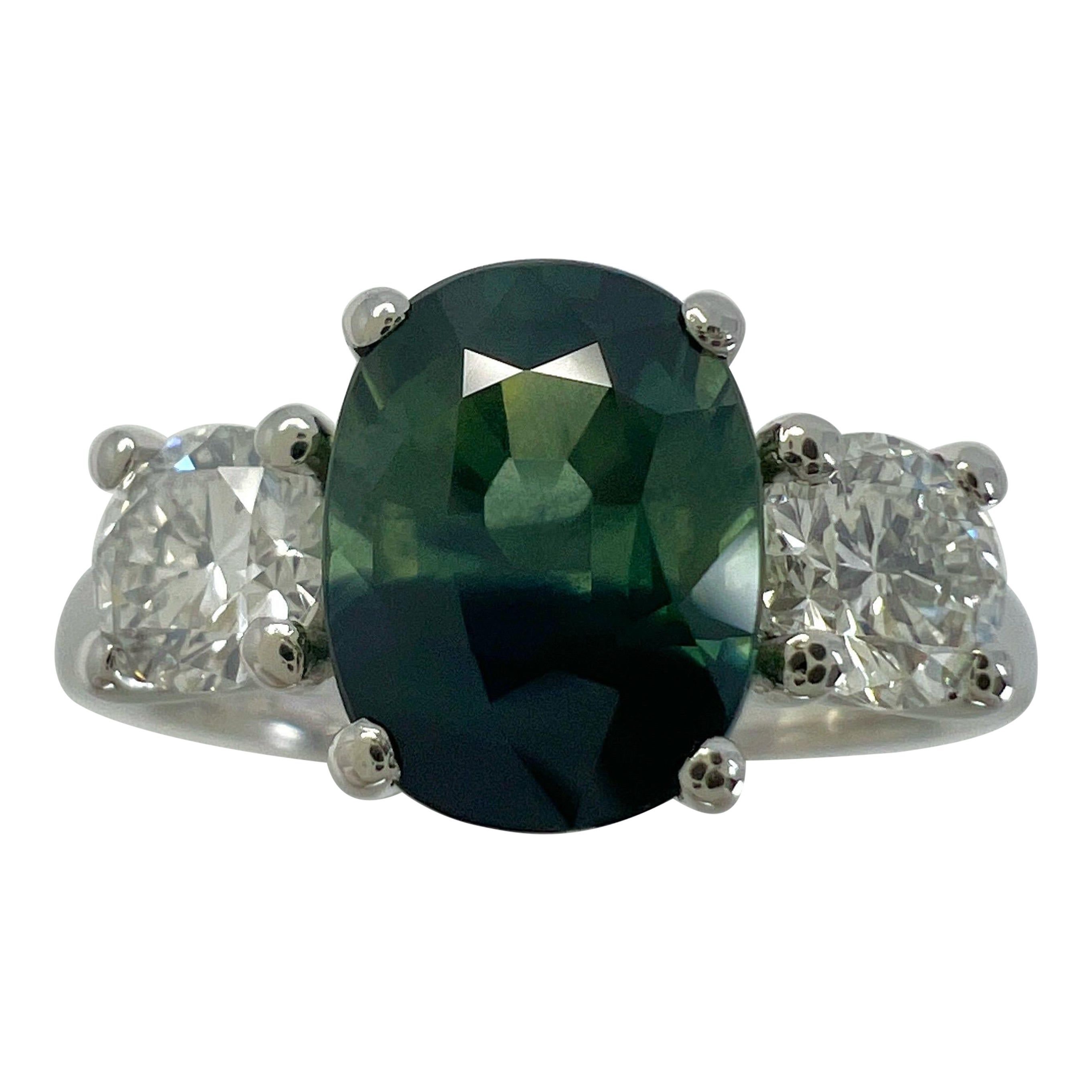 2.55ct Deep Blue Green Bi Colour Sapphire & Diamond Platinum Three Stone Ring
