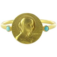 French Art nouveau Vernon Gold and Turquoise Medallion Ring
