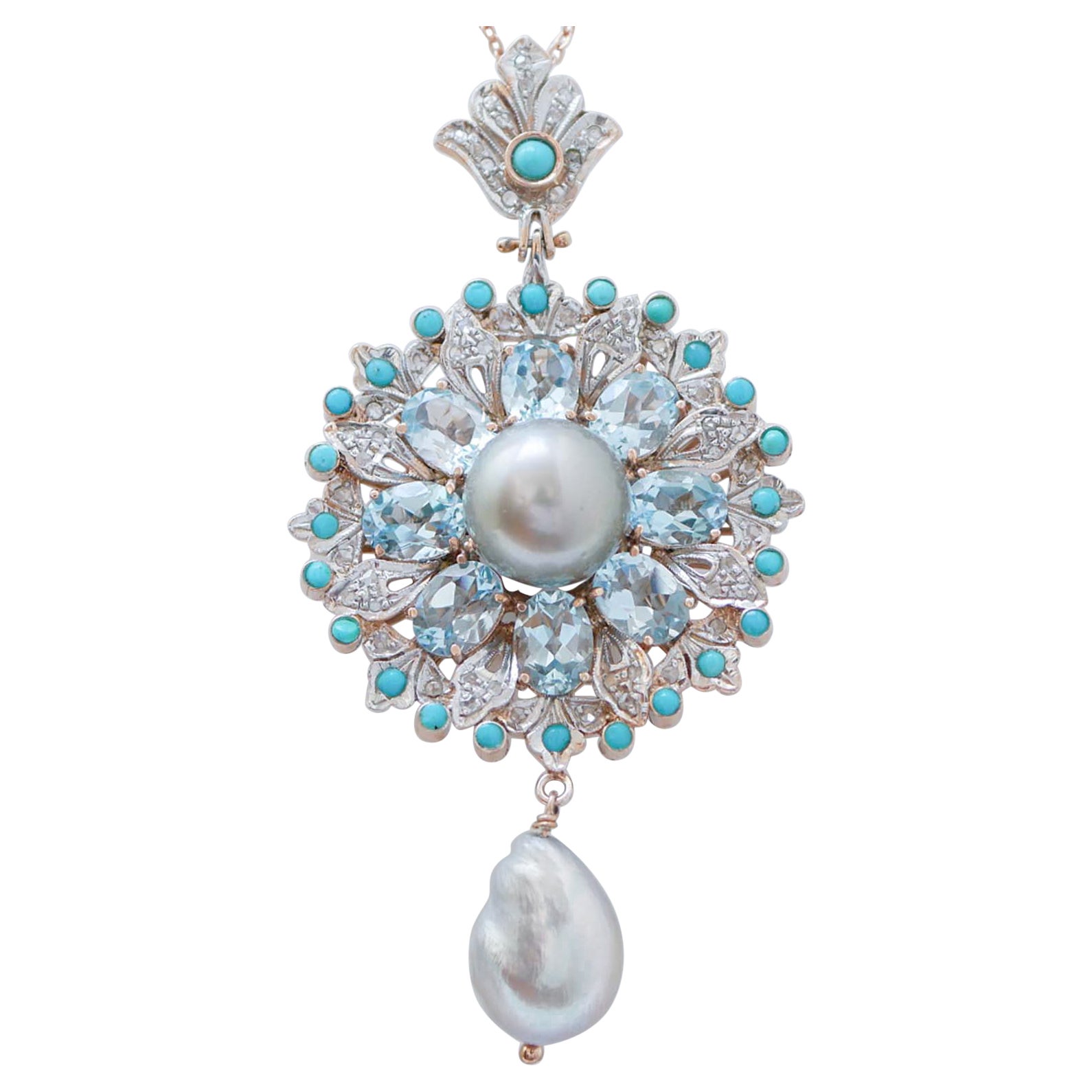 Grey Pearls, Topazs, Diamonds, Turquoise, Rose Gold and Silver Pendant Necklace.