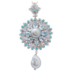 Perle grigie, topazi, diamanti, turchese, collana con ciondolo in oro rosa e argento.