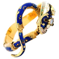 Vintage 14k Gold Garnet Diamond & Opal Blue Enamel Snake Arm Bangle Bracelet