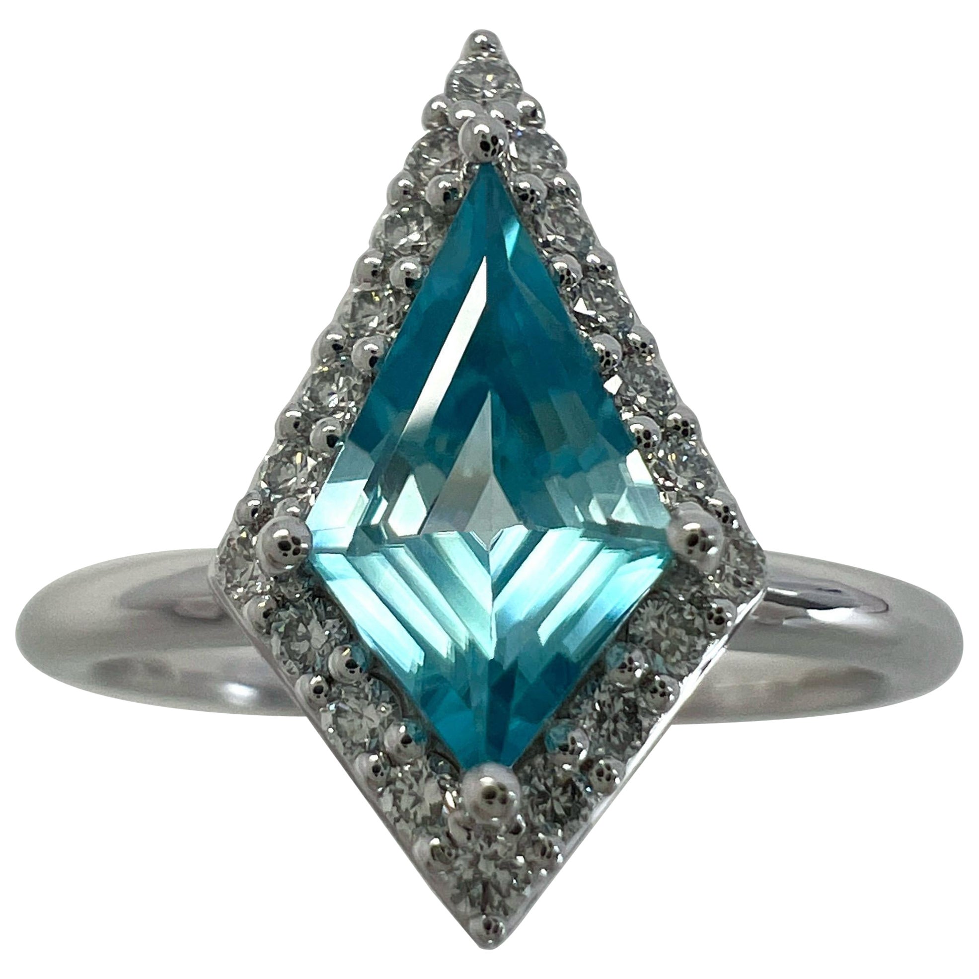 Natural 1.07ct Fancy Kite Vivid Blue Zircon & Diamond 18k White Gold Halo Ring