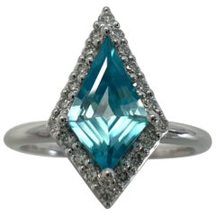 Natural 1.07ct Fancy Kite Vivid Blue Zircon & Diamond 18k White Gold Halo Ring