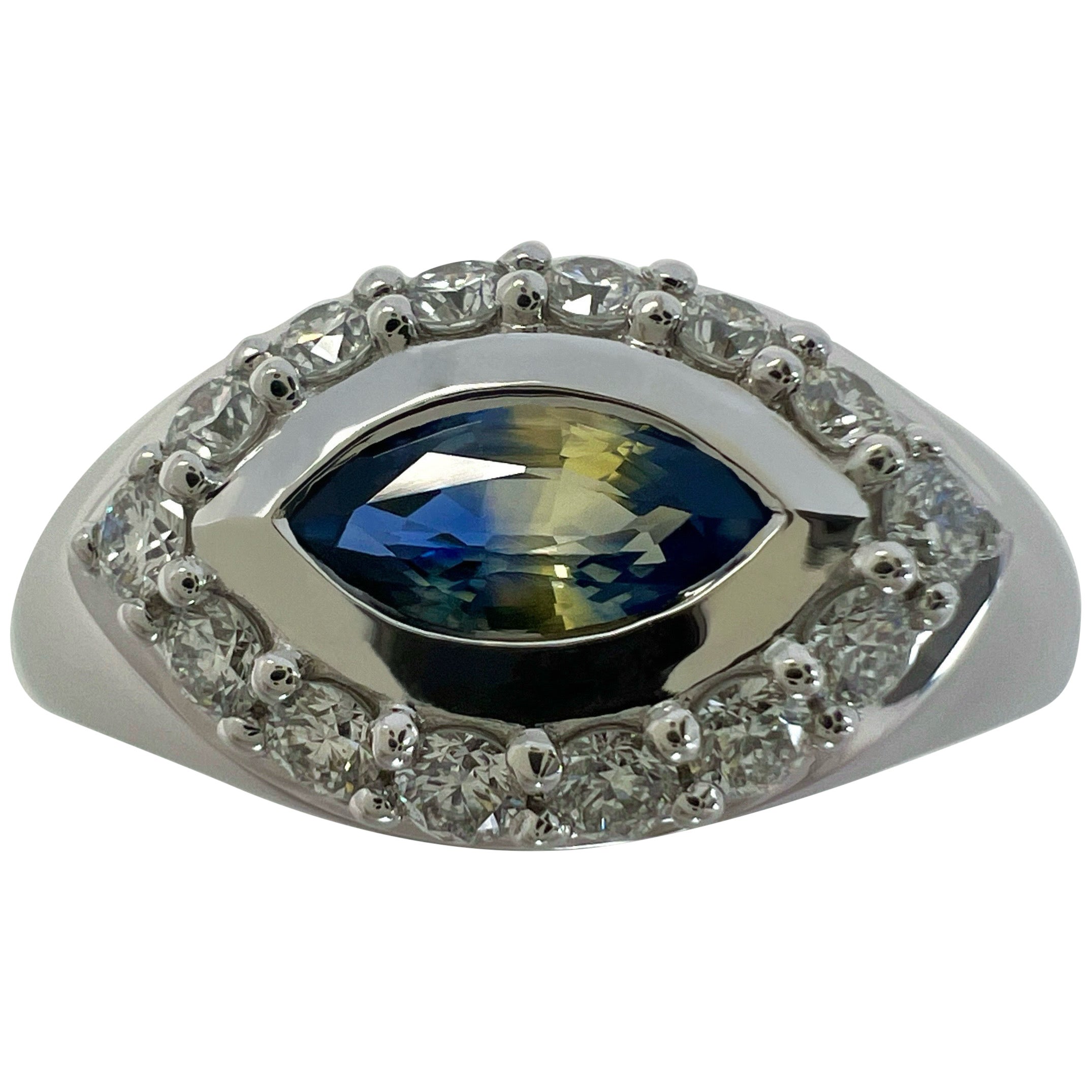 Anillo de oro blanco de 18k con diamantes y zafiro marquesa amarillo azul bicolor
