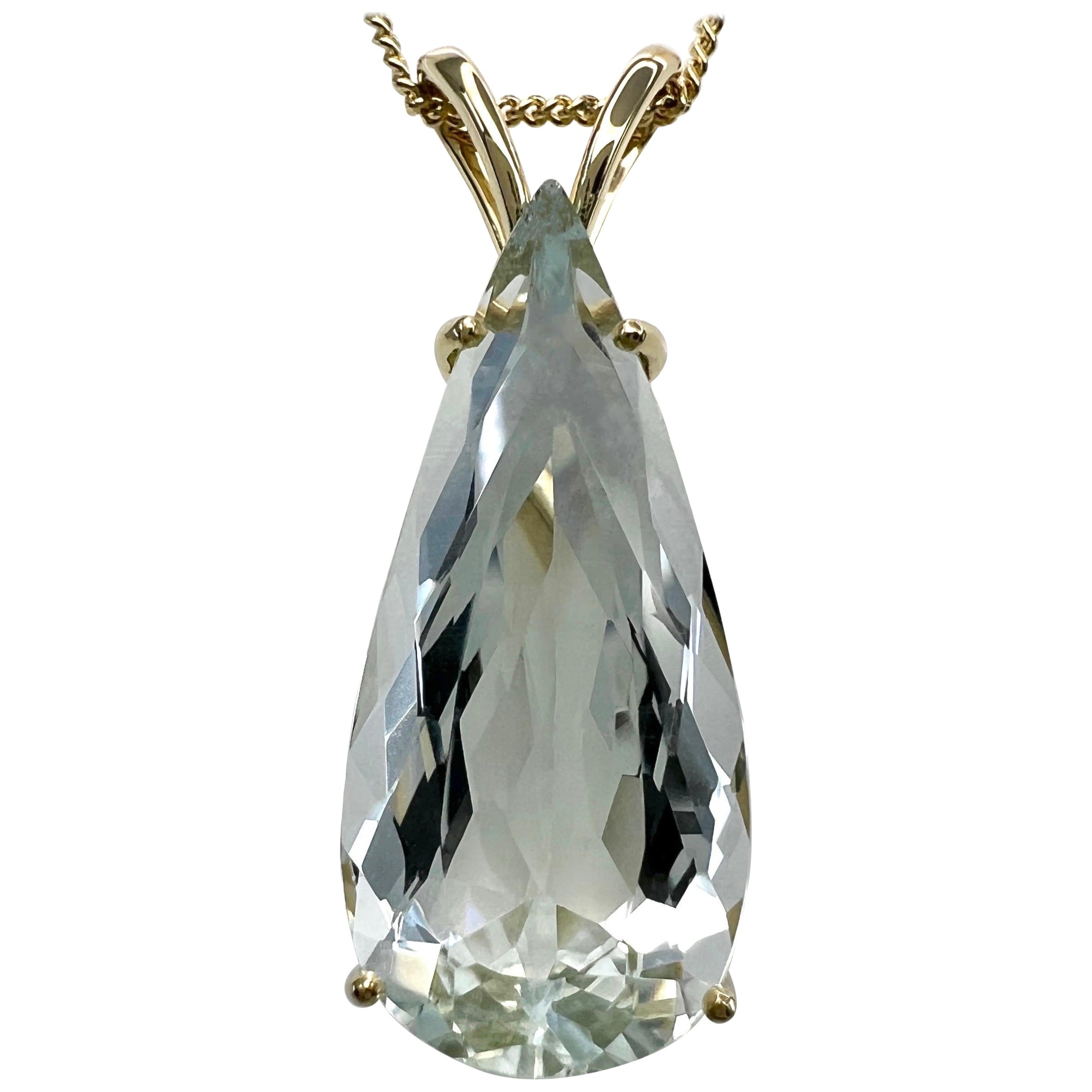 8.04ct Light Blue Aquamarine Pear Teardrop Cut 18k Yellow Gold Pendant Necklace For Sale