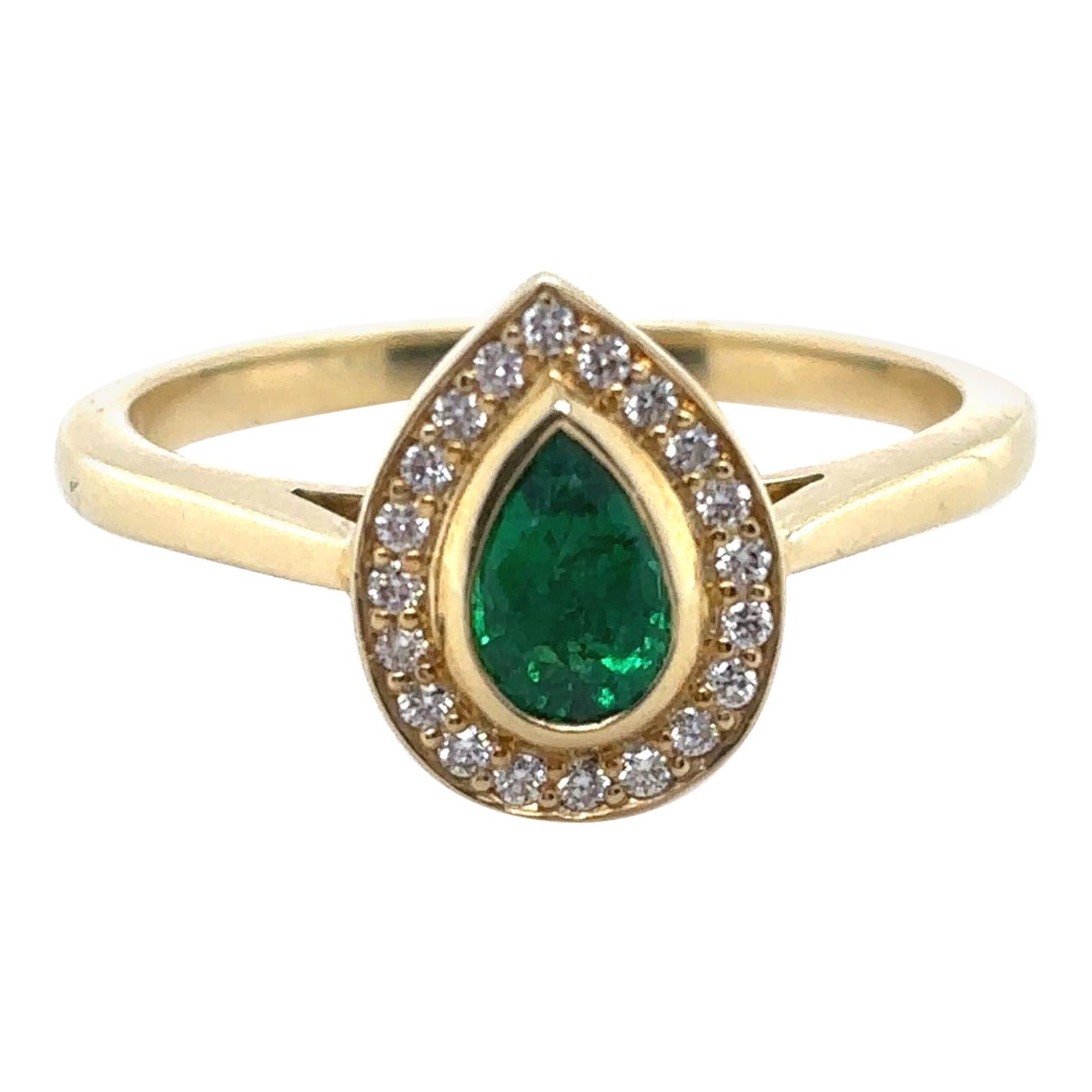 0.35 Carat Emerald and Diamond Pear Cluster Engagement Ring 18 Kt Yellow Gold