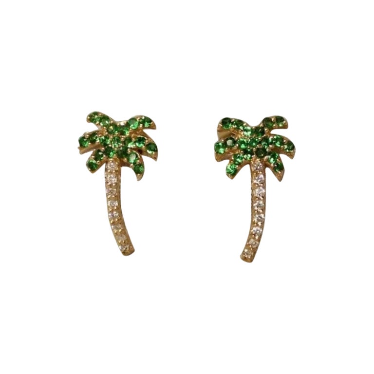 Pendiente Diamante Palmera Oro 14k Granate Tsavorita Tops Regalo de Cumpleaños.