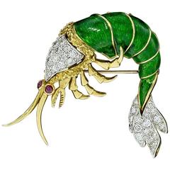 Very Unique Ruby Enamel Diamond Yellow and White Gold Shrimp Prawn Brooch Pin