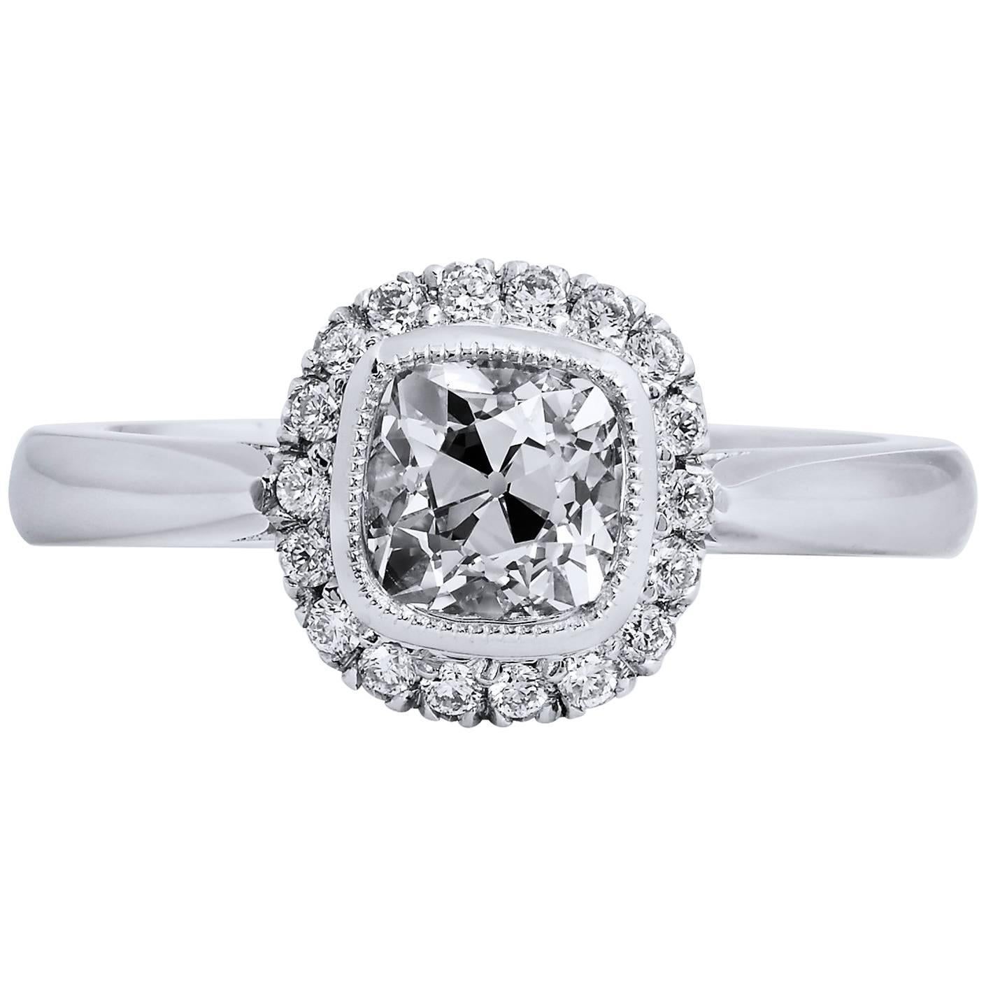 GIA Certified 1.04 Carat Antique Cushion Cut Diamond Engagement Ring Halo 5.25 For Sale