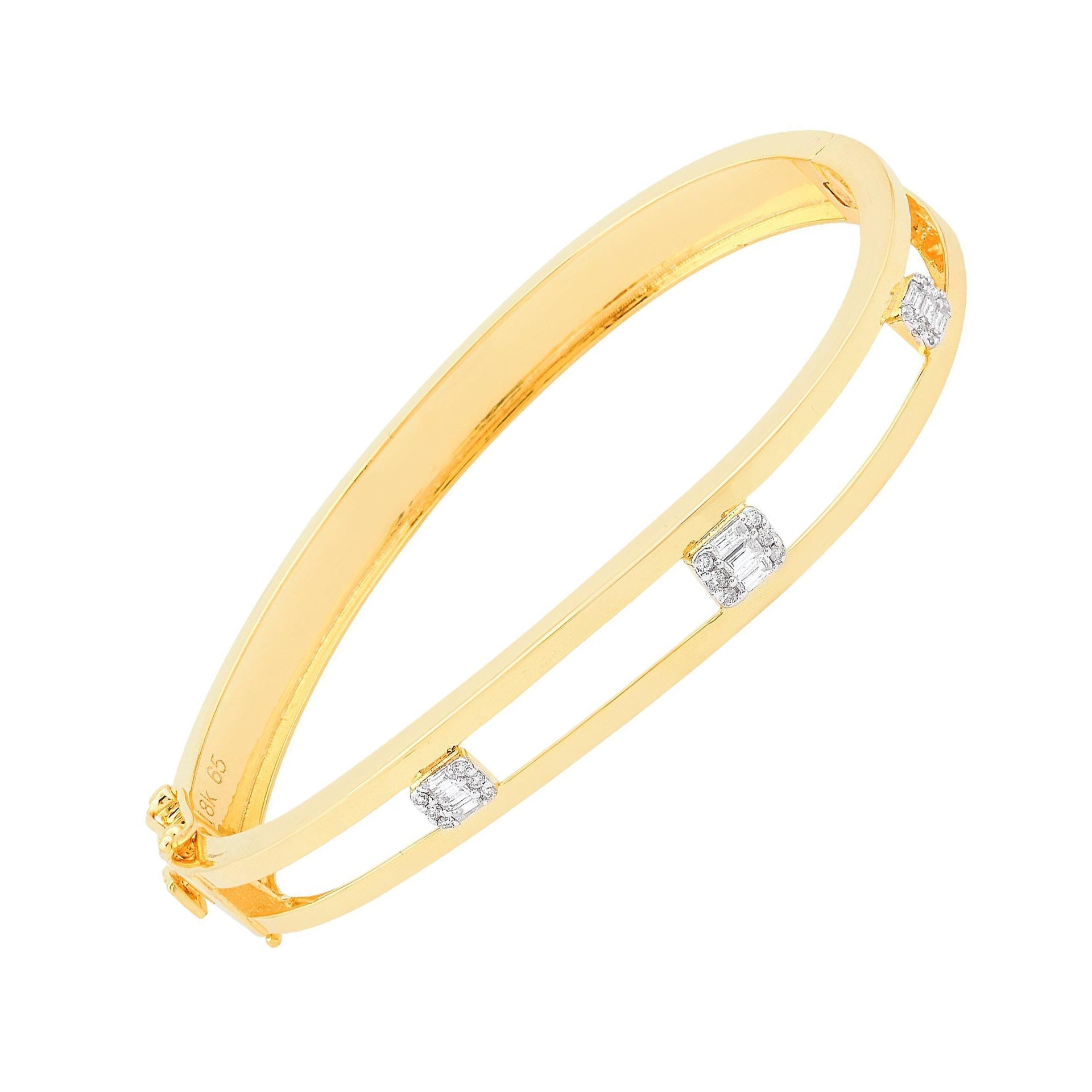 Natural 0.25 Carat Baguette & Round Diamond Bangle Bracelet 14 Karat Yellow Gold