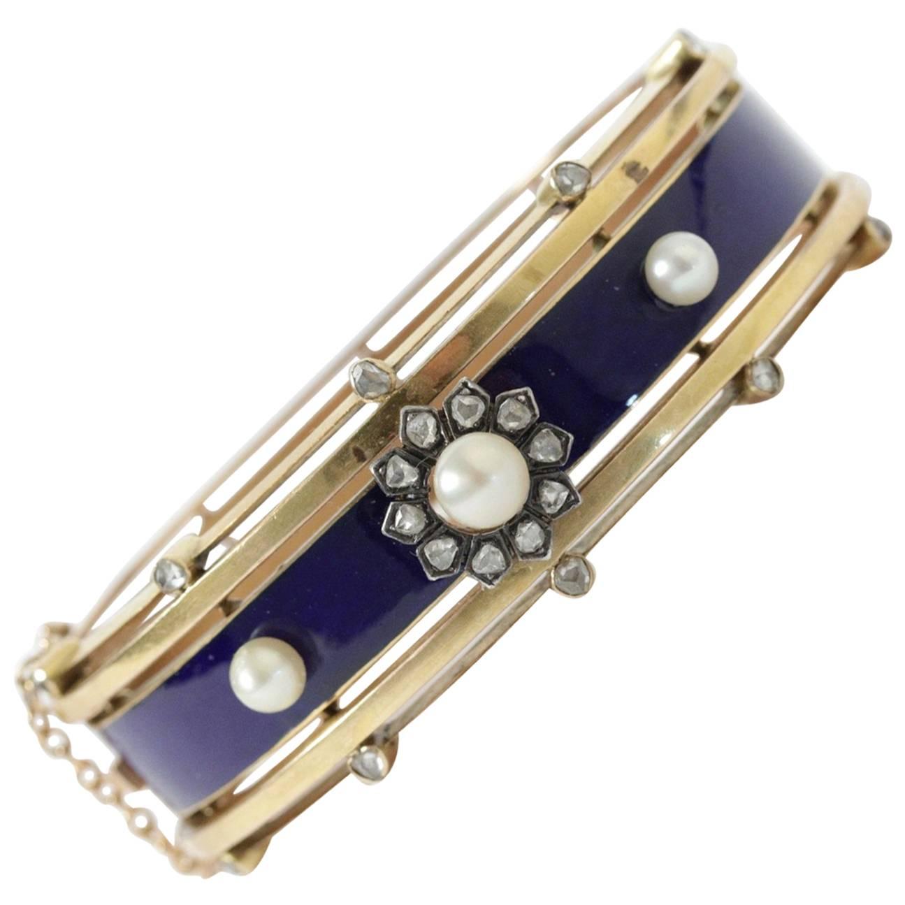 Antique French Napoleon III Enamel Diamond Pearl Gold Bangle Bracelet