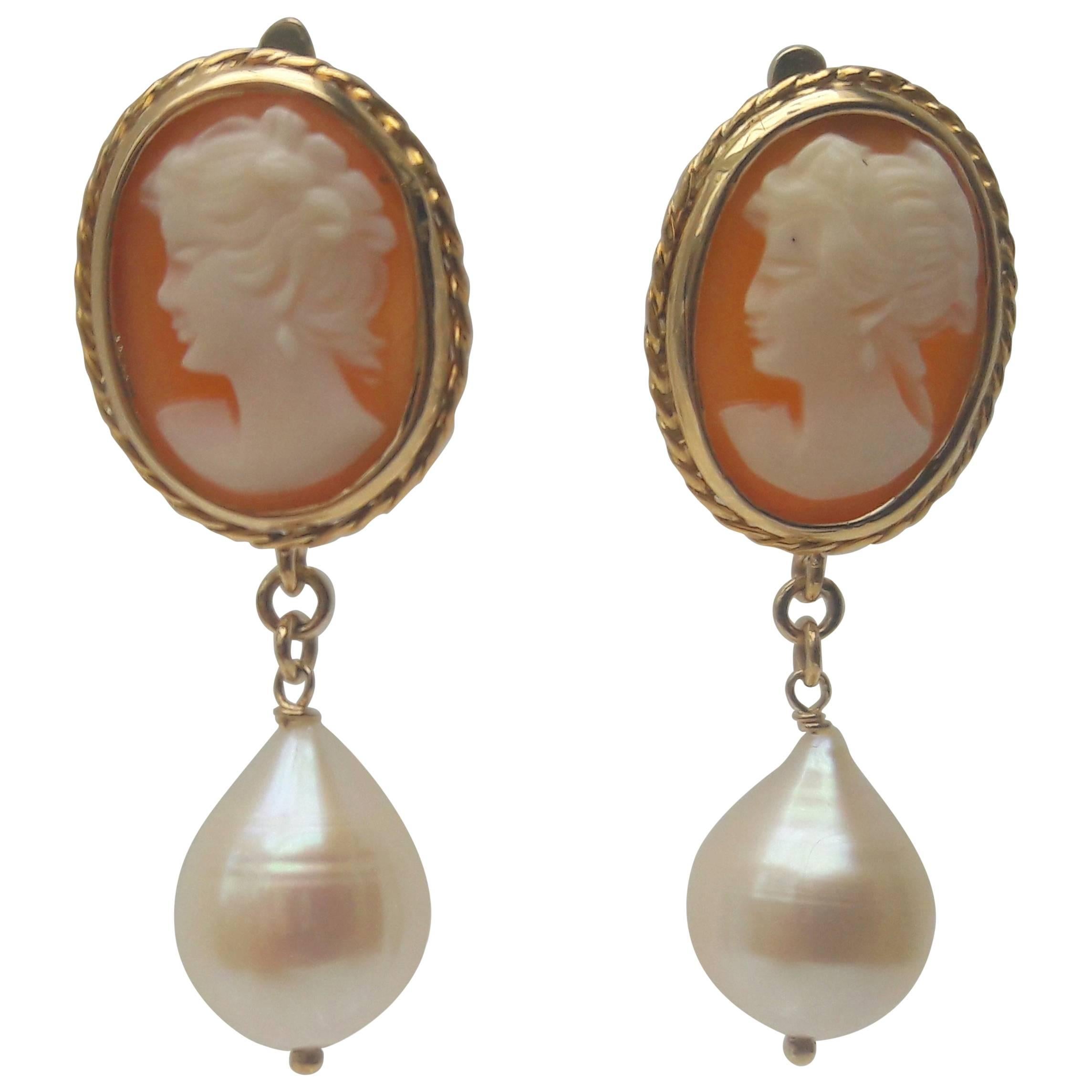 Marina J. Cameo Pearl Gold Earrings