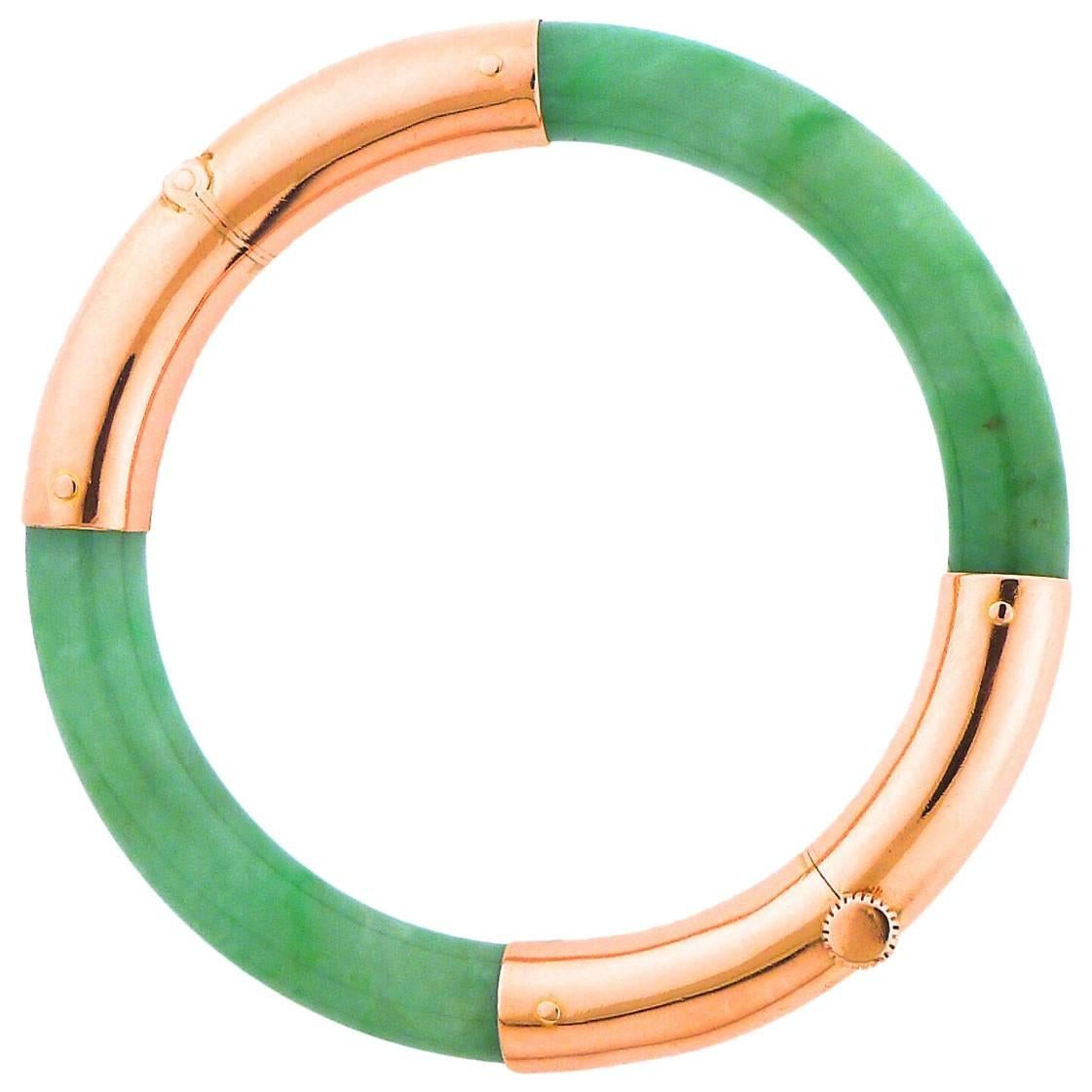  Green Jadeite Rose Gold Bangle Bracelet