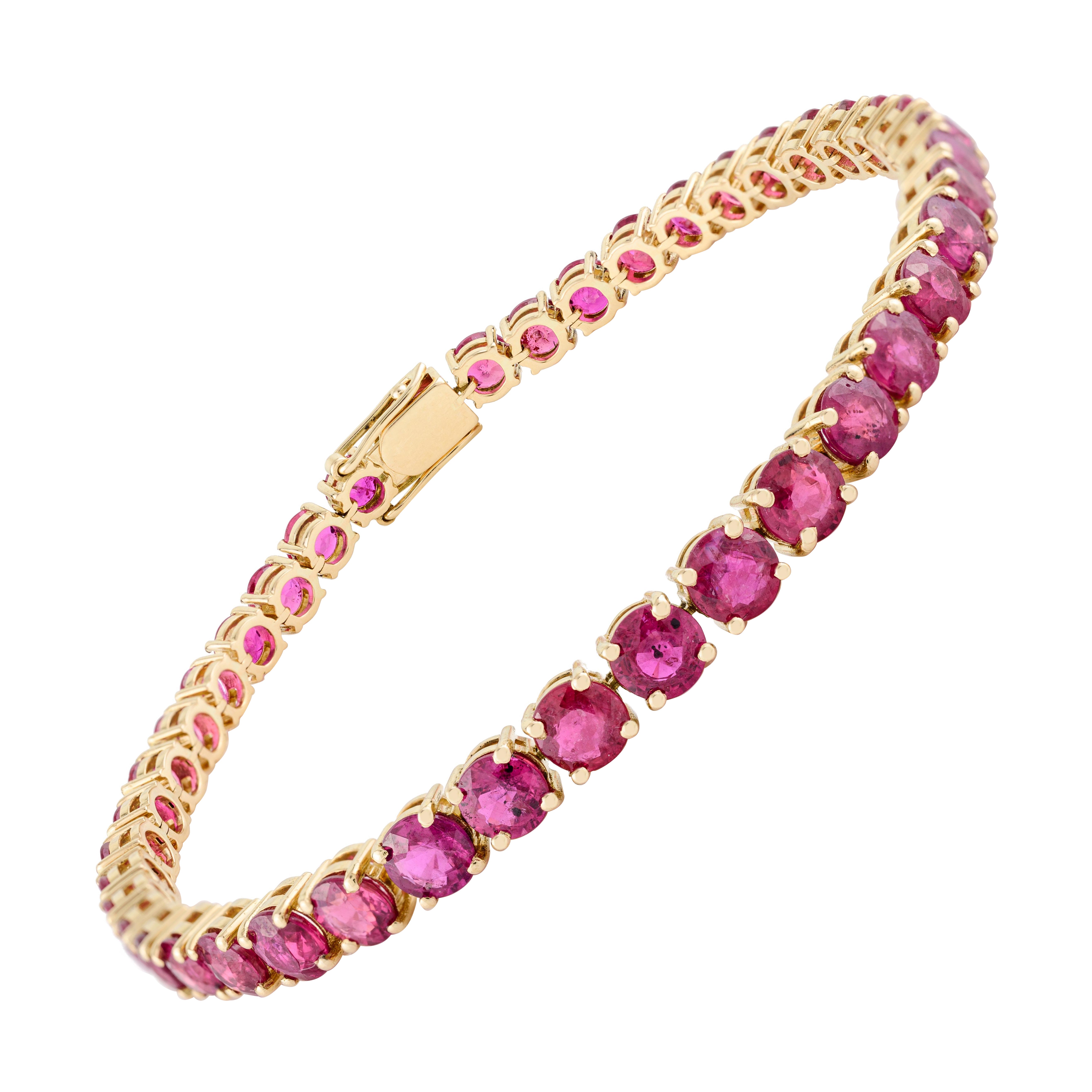 13.03 CTW Natural Round Cut  Ruby Tennis Bracelet in 18k Solid Yellow Gold