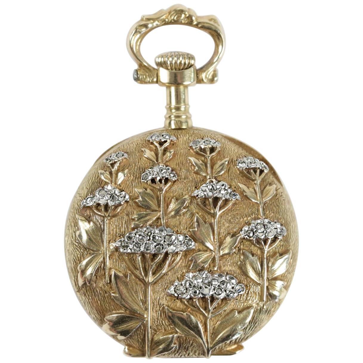 Art Nouveau French Omega Ladies Gold Diamond Mechanical movement Pocket Watch For Sale